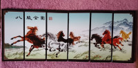 Vintage Oriental Lacquer Wild Horses Artwork Folding Screen