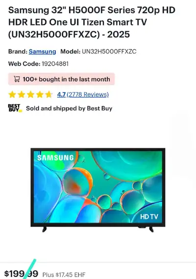 2025 - Samsung 32" H5000F 720p HD HDR LED One UI Tizen Smart TV, View more