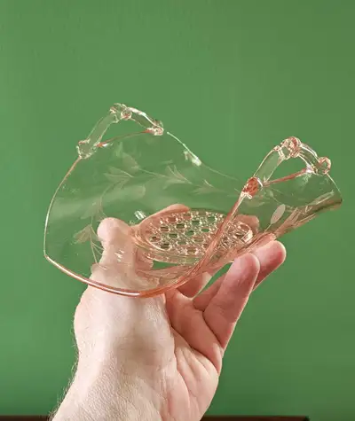 Nice old delicate pink glass basket or bowl in excellent condition. Measures approx 7" long.