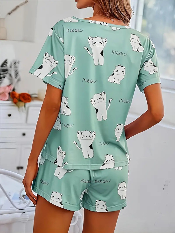 Cute Cat & Letter Print Lounge Set, Short Sleeve Round Neck in Women's - Other in Kitchener / Waterloo - Image 2