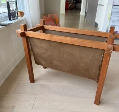 Vintage Suede Magazine Holder - Teak Wood Outside measurements approximately 13'' x 24'' Inside meas...