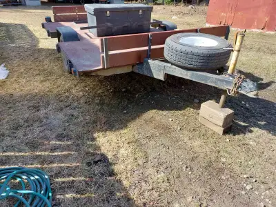 7’8” wide 10’6” long Brand new tires: 215/75/140, 5 bolt, plus spare tire Front and rear boards used...