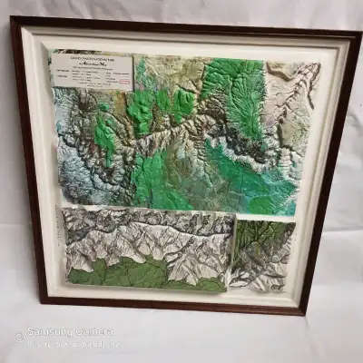 21"h x 21"w framed. Handsome Vintage Executive Office and Research Map. Framed in solid flamed birch...