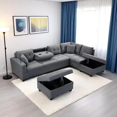 Sale On New Fabric Sectional Sofa with Storage Ottoman, View more