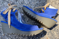 FLY LONDON Suede Royal Blue Tie Ankle Wedge *New