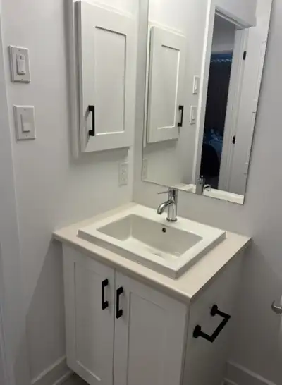 Brand new Bathroom Vanity, W 25"/ D 22.5"/ H 34" Mirror, sink, faucet, door handles, toilet paper ho...