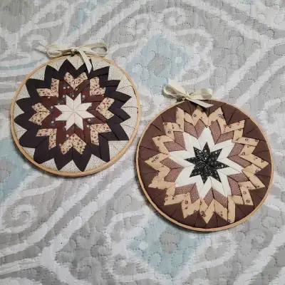 Pair of Beautiful Vintage Handmade Quilted Art Stars, View more