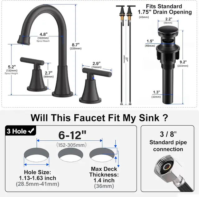 2 Pack Bathroom Faucets for Sink 3 Hole, Hurran Matte Black in Bathwares in Gatineau - Image 7