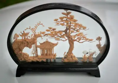 Asian fine wooden carving swans and pagodas in glass frame, View more