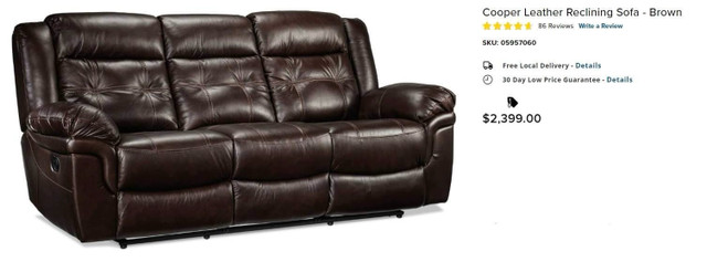 Top Grain Leather Reclining Couch in Couches & Futons in Edmonton - Image 3