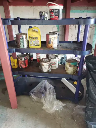 Bug sturdy plastic shelf used in garage. Can hold all kinds of things like tools, paint, anything. C...