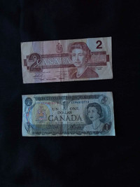 Vintage Canadian 1973 $1 bill and 1986 $2 bill ($5 lot price)