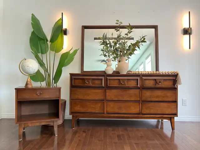 MCM Swedish Walnut Bedroom Set – Dresser, Nightstand & Mirror in Dressers & Wardrobes in Calgary - Image 3