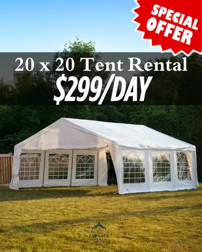 Offering high-end tent rentals at a low price of $300/day. The tent is 20ft x 20ft, includes multipl...