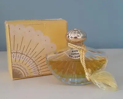 Vintage 1960s Avon Topaze Cologne in Fan Rocker Collectible Bottle 15ml w/ box - almost full - fabul...