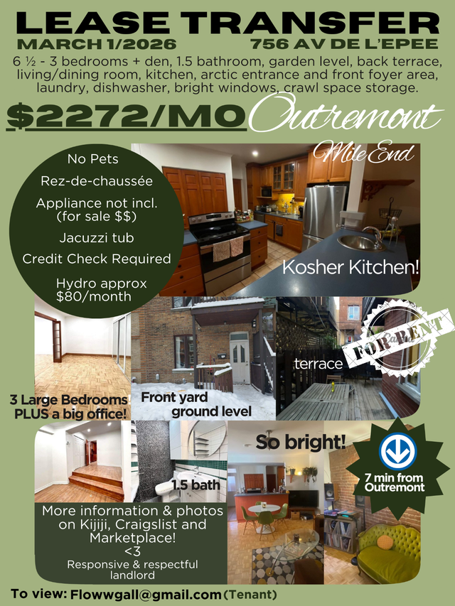 Outremont 6 1/2 lease transfer - kosher kitchen and jacuzzi bath