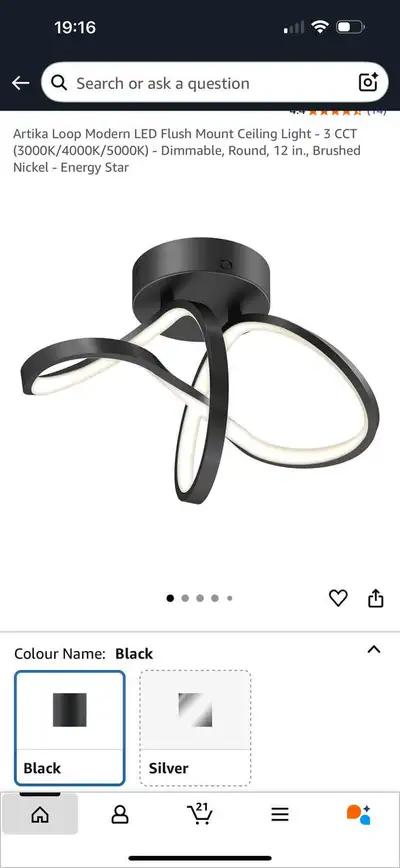 Artika Loop Modern LED Ceiling Light – Black – New , View more