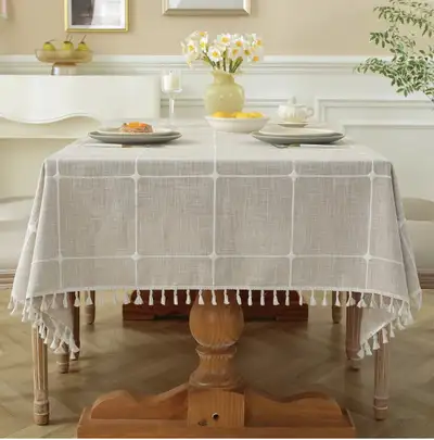 Large Laolitou Plaid Tablecloth with Tassels Rustic Burlap Linen Fabric Table Cover for Kitchen, Din...