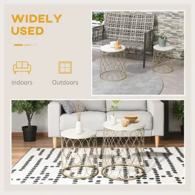 Patio Round Nesting Coffee Table Set, Outdoor Stacking End Side Table with Metal Frame for Garden, B...