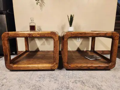 pair of large MCM oak end tables - glass inserts, View more