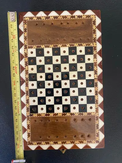 vintage inlaid travel wood folding chess with metal pieces., View more