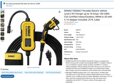 New, still in the original packaging. Pick up only. DEWALT Portable Electric Vehicle Level 2 EV Char...