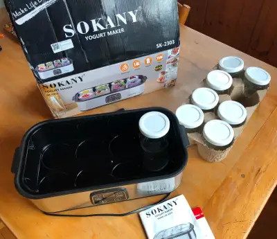 Brand new Sokany yogourt maker, includes 8 glass jars with plastic snap-on lids. $100 new; asking $5...