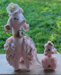 Beautiful vintage porcelain mother and baby poodles 