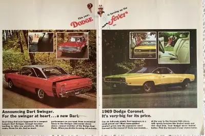 “Announcing Dart Swinger. For the swinger at heart…a new Dart.” “1969 Dodge Coronet. It’s very big f...
