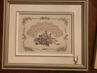 Lovely Framed Embroidery, Floral/Fan  pattern