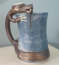 Vintage Art Pottery figural blue and bronze coloured Dragon Mug