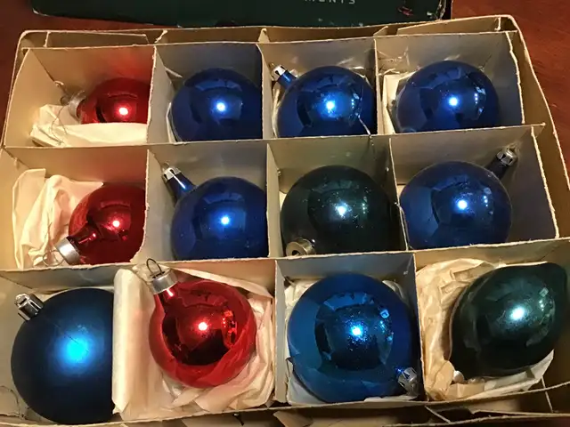 Box of vintage Christmas ornaments