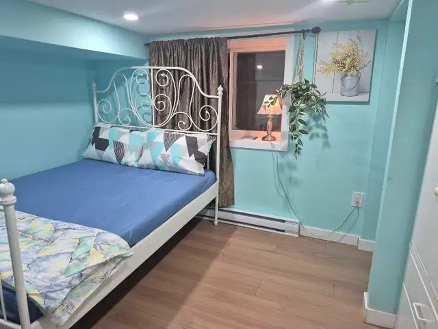 A fully furnished private bedroom in basement