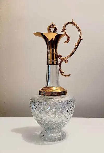 Gold Plated Hollywood Regency Hand Cut Crystal Carafe, View more