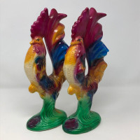 Pair Vintage Chalkware Roosters Farmhouse