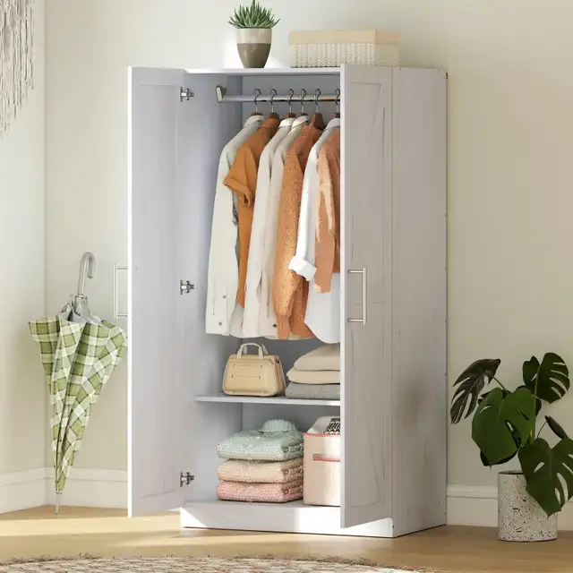 Wardrobe Cabinet with Hanging Rod, Anti-Tipping and 2 Barn Doors in Dressers & Wardrobes in Markham / York Region - Image 8