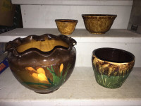 4 CERAMIC POTTERY BOWLS - ROCKINGHAM ONTARIO + ROSEVILLE USA