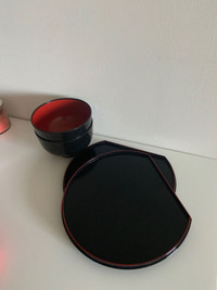 Japanese bowls, trays chopsticks set