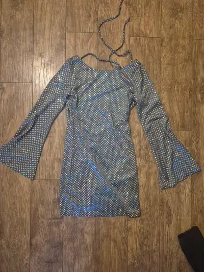 Holographic Silver Sequin Backless Bell-Sleeve Dress, View more