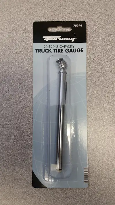 Seven brand new "Forney" truck tire carded 20-120 PSI gauges for sale (SKU #75346) for $10/each. To...