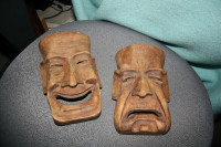 TWO VINTAGE WOODEN CARVED THEATER MASKS, ASKING $65 FOR BOTH