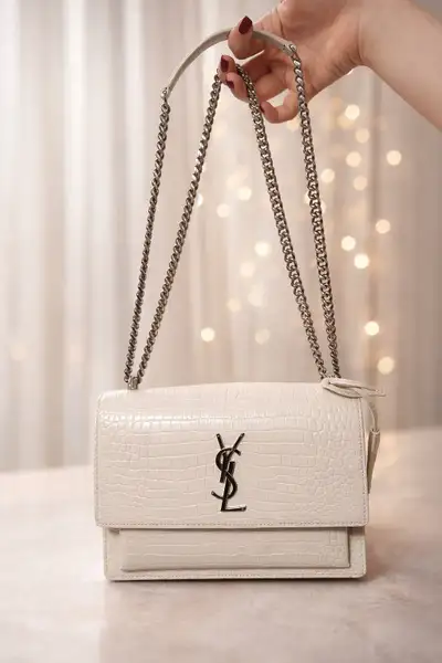 Authentic YSL Sunset Medium Bag – Croc-Embossed (Crema/Beige), View more