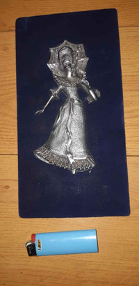 Vintage Peltro Lady With Umbrella Chiselled Pewter Wall Plaque