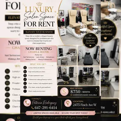 ✨ LUXURY SALON SPACE FOR RENT ✨ Step into a modern, elegant beauty space designed for professionals...