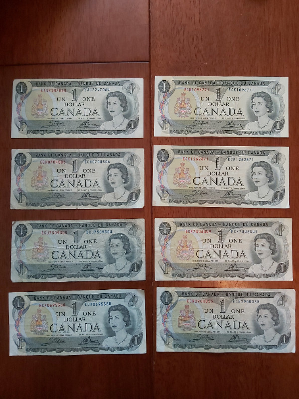 8 B of C 1973 $1 Bills Crow-Bouey EAU to ECN Numbers in Arts & Collectibles in Saint John