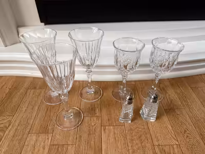 CRYTAL WINE GLASSES, SALT & PEPPER SHAKERS