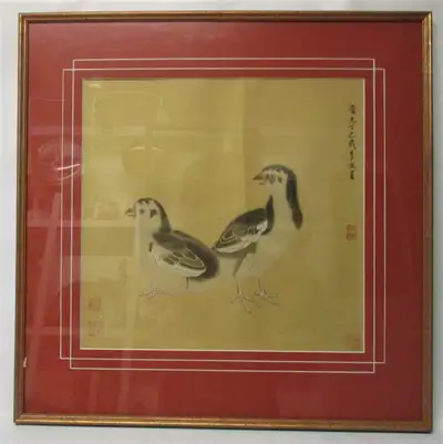 Vintage Li Di Watercolor Oriental Painting Quails Signed Stamped It was on silk-cloth painted by Li...