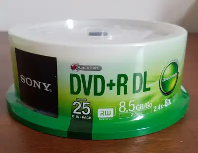 SONY BLANK DVD+R DL DISCS. BRAND NEW, UNOPENED PACKAGE OF 25. 8.5GB 2.4 x 8X. FROM SMOKE FREE HOME,...