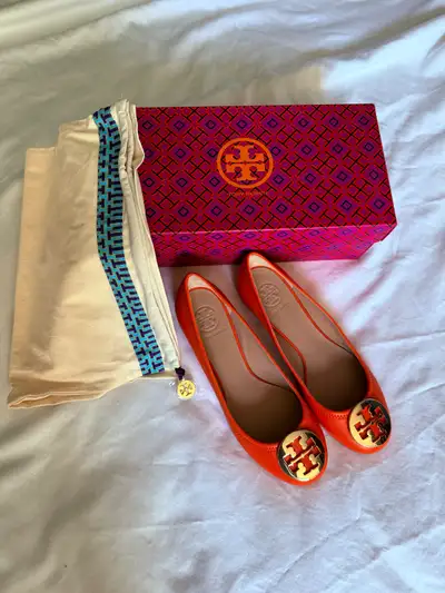 NEW - TORY BURCH,  Reva Ballet-Nellie, Poppy Coral/Gold, Size 7, View more