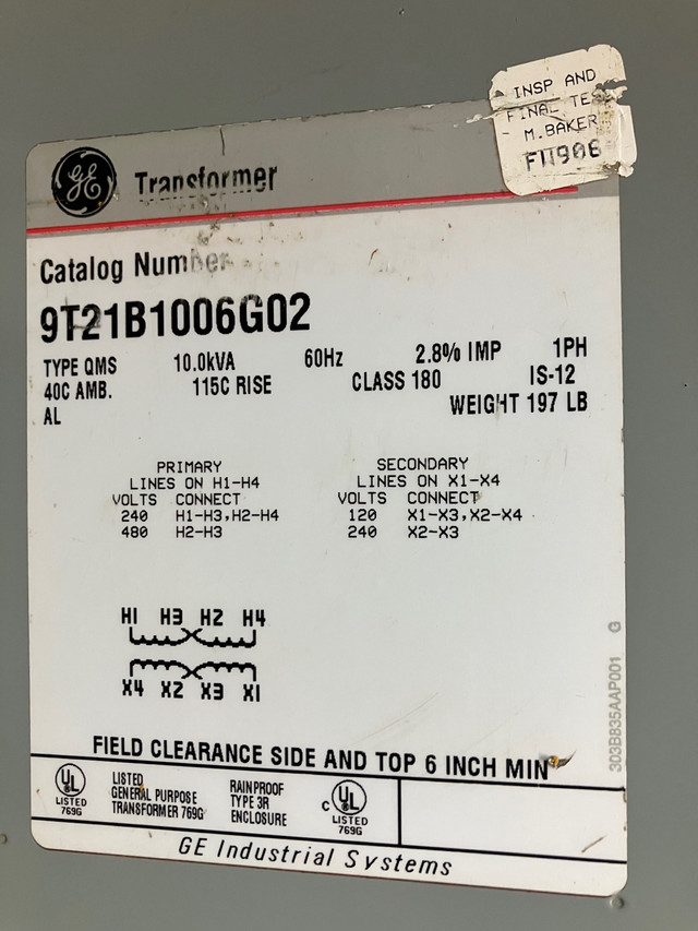 GE 10 Kva. 1 ph, 240/480-120/240 V transformer cat 9T21B1006G02  in Electrical in City of Toronto - Image 2